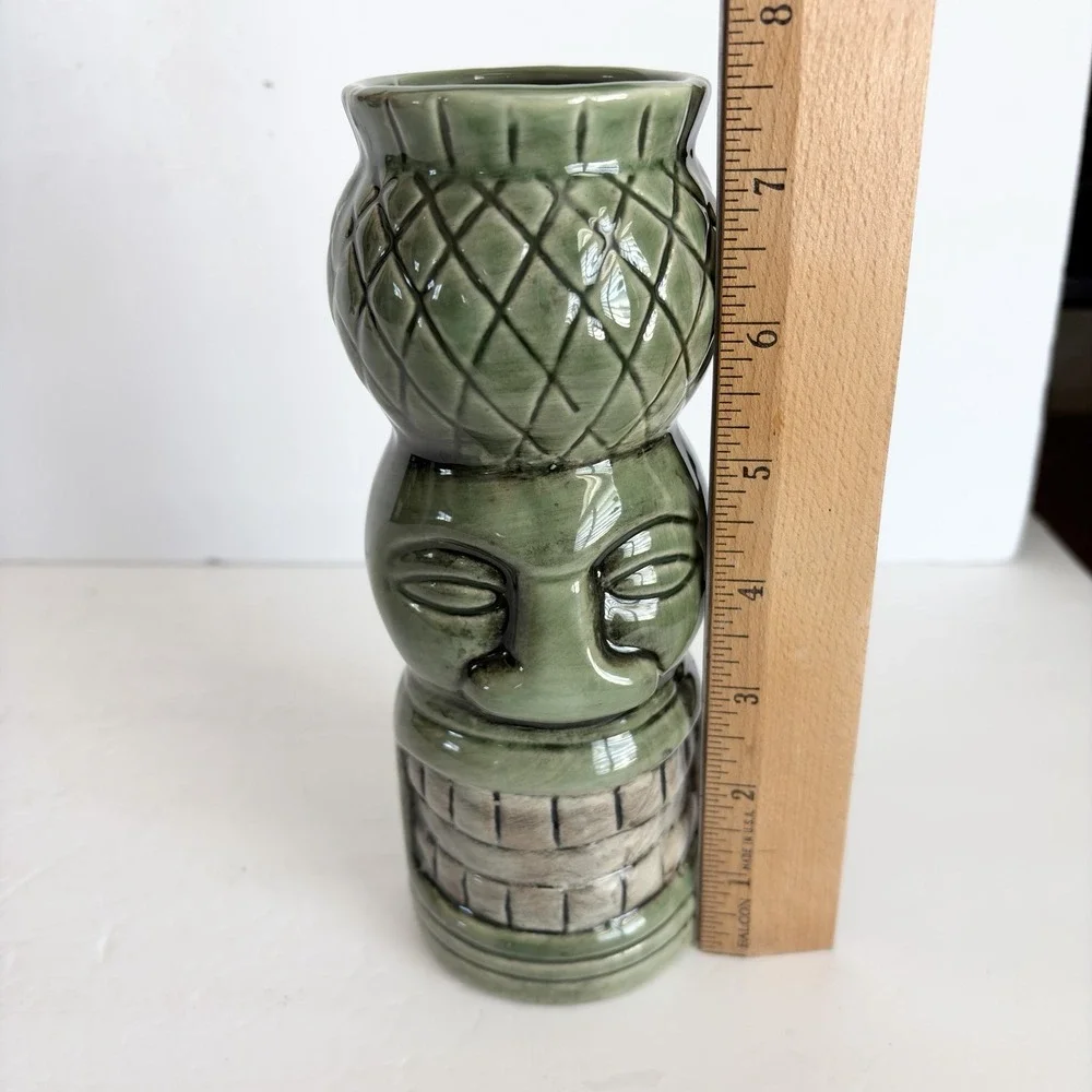 Tiki Lin Hawaiian Green Ugly Face Teeth Ceramic Cocktail Bar Vase Polynesian